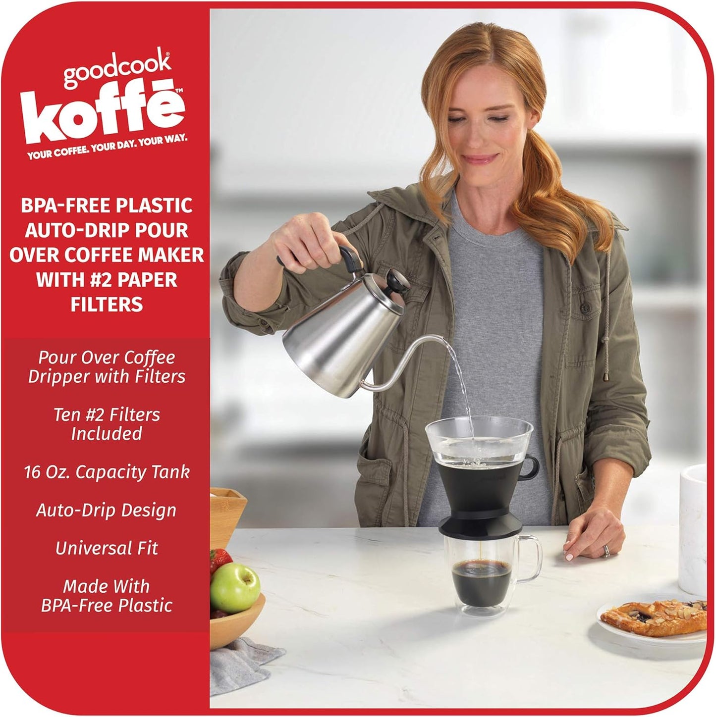 Goodcook Koffe BPA-Free Plastic Auto-Drip Pour Over Coffee Maker with #2 Paper Filters (Black)