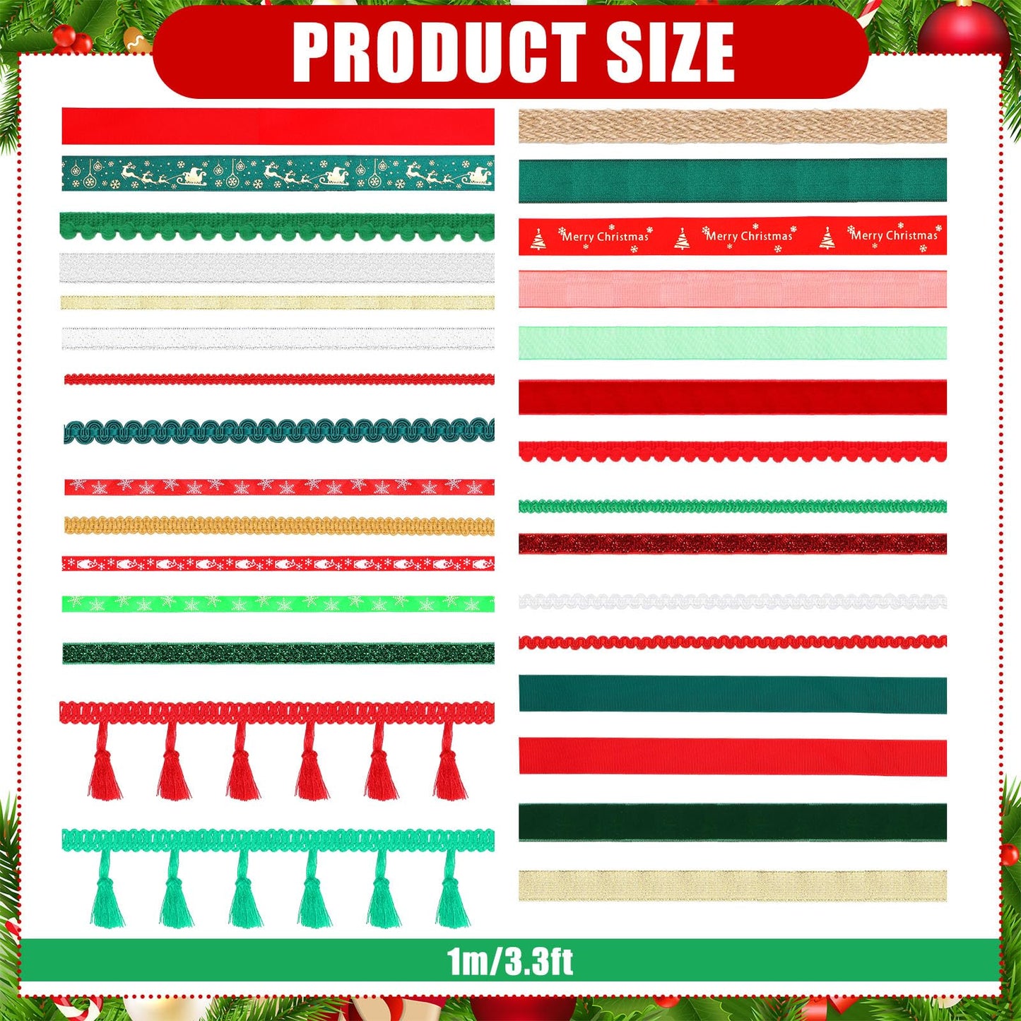 Yuefunny 30 Pcs 32.81 yd Christmas Ribbon for Crafts Gift Wrapping Holiday Ribbons Fabric Ribbon Fringe Trim Grosgrain Ribbon Satin Ribbon Bow Ribbon Sewing Trim for Christmas Gift Wrapping Decor