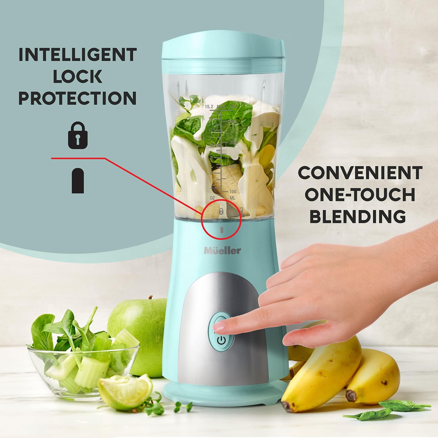 Mueller Smoothie Blender for Smoothies - Personal Blender for Shakes, Frozen Drinks, Baby Food & More, 15oz Travel Cup and Lid, Durable Stainless Steel Blades for Powerful Blending Performance, Black