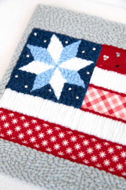 Kimberbell Stars & Stripes Forever Punch Needle Kit – Complete Patriotic Craft Set with Tool, Yarn, Hoop, Monks Cloth, Appliqués & Rhinestones – DIY Punch Needle Plus Kit with Video Tutorials