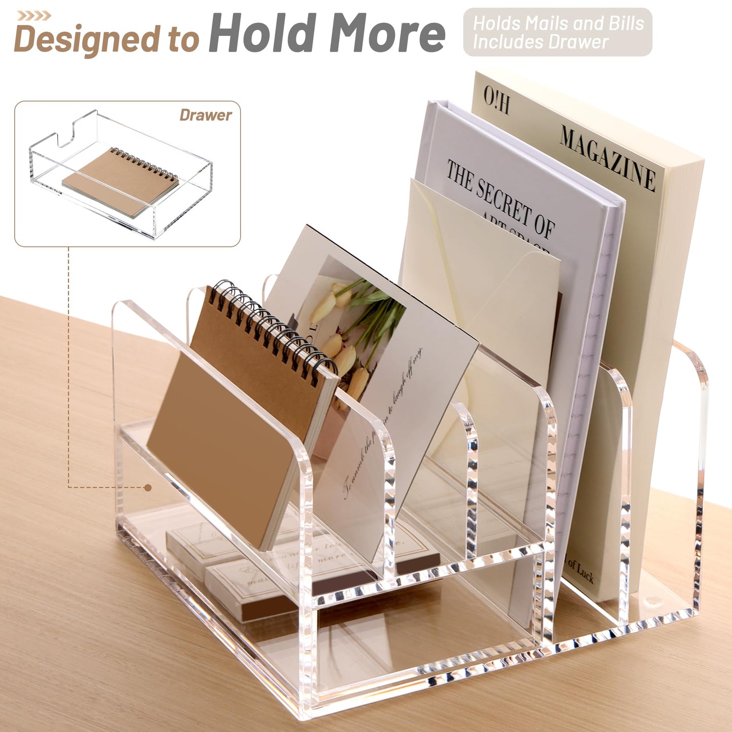 SANRUI Desk Organizers and Accessories, Acrylic Mail Organizer Countertop, 5-Slots File Sorter with Drawer, Desktop Organizer for Office Supplies