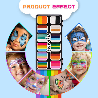 Face Painting Kit for Kids Adults 12X10gm Split Cake Face Paint Palette with 9 Gliters 2 Eye Shadow Sticks 2 Sponges 6 Stencils