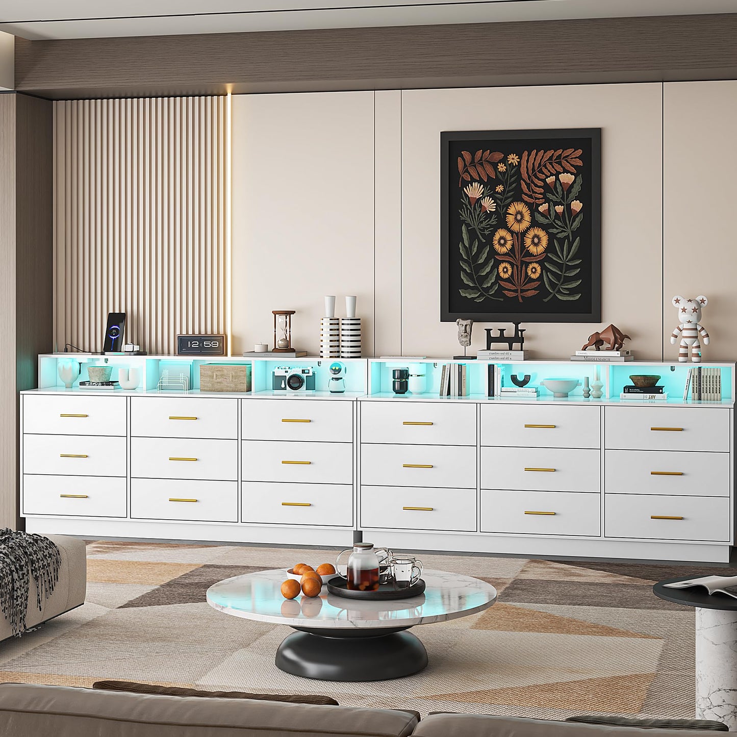 UNIQUITE White 9 Drawer Dressers for Bedroom, Modern Large Dresser with LED Light and Power Outlet, Wooden Long Dresser for Bedroom, Entryway, Hallway