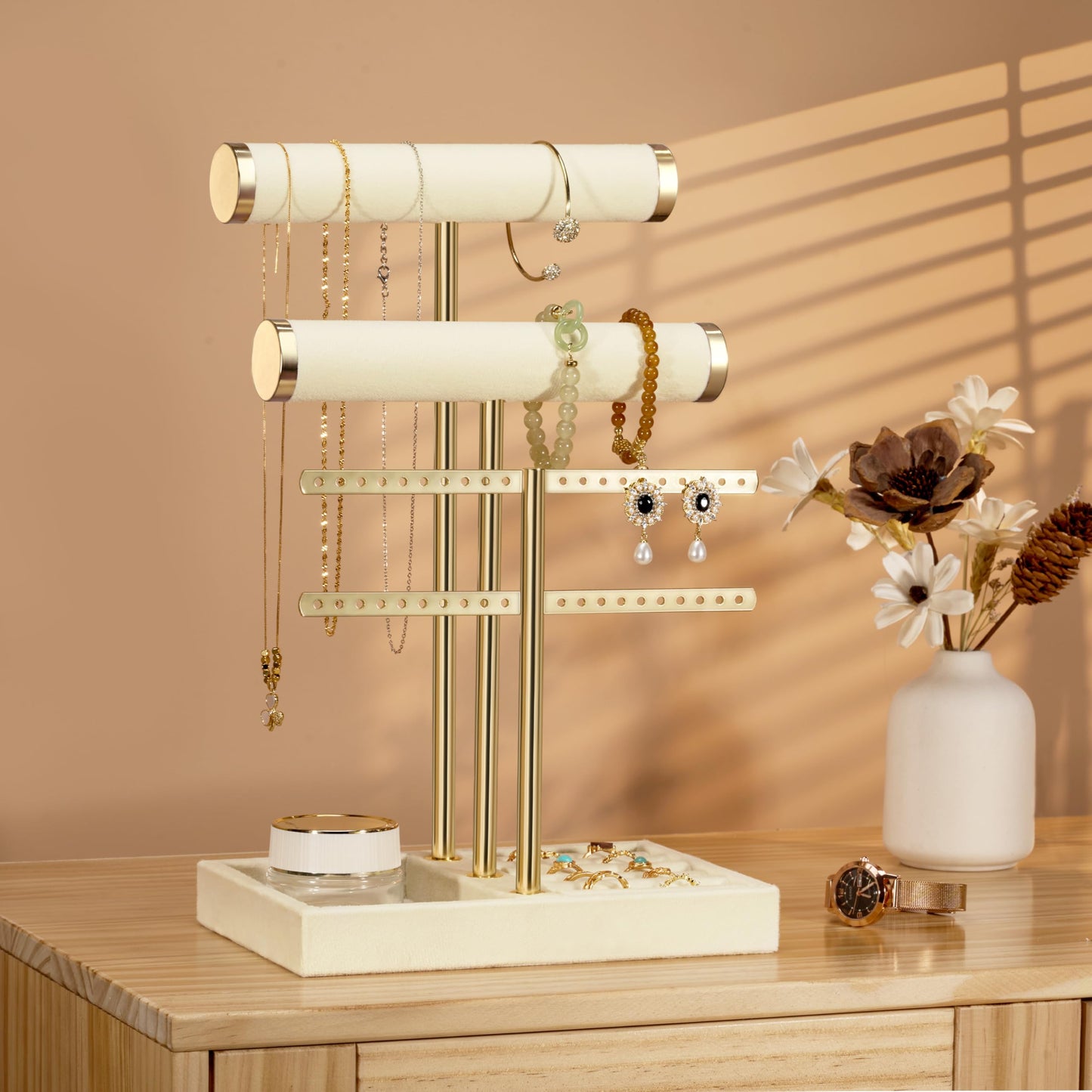 bussdis 3 Tier Bracelet Holder Display - Detachable T Bar Beige Velvet Bracelet Holder, Jewelry Holder Organizer for Bracelet, Necklace, Earrings, Rings