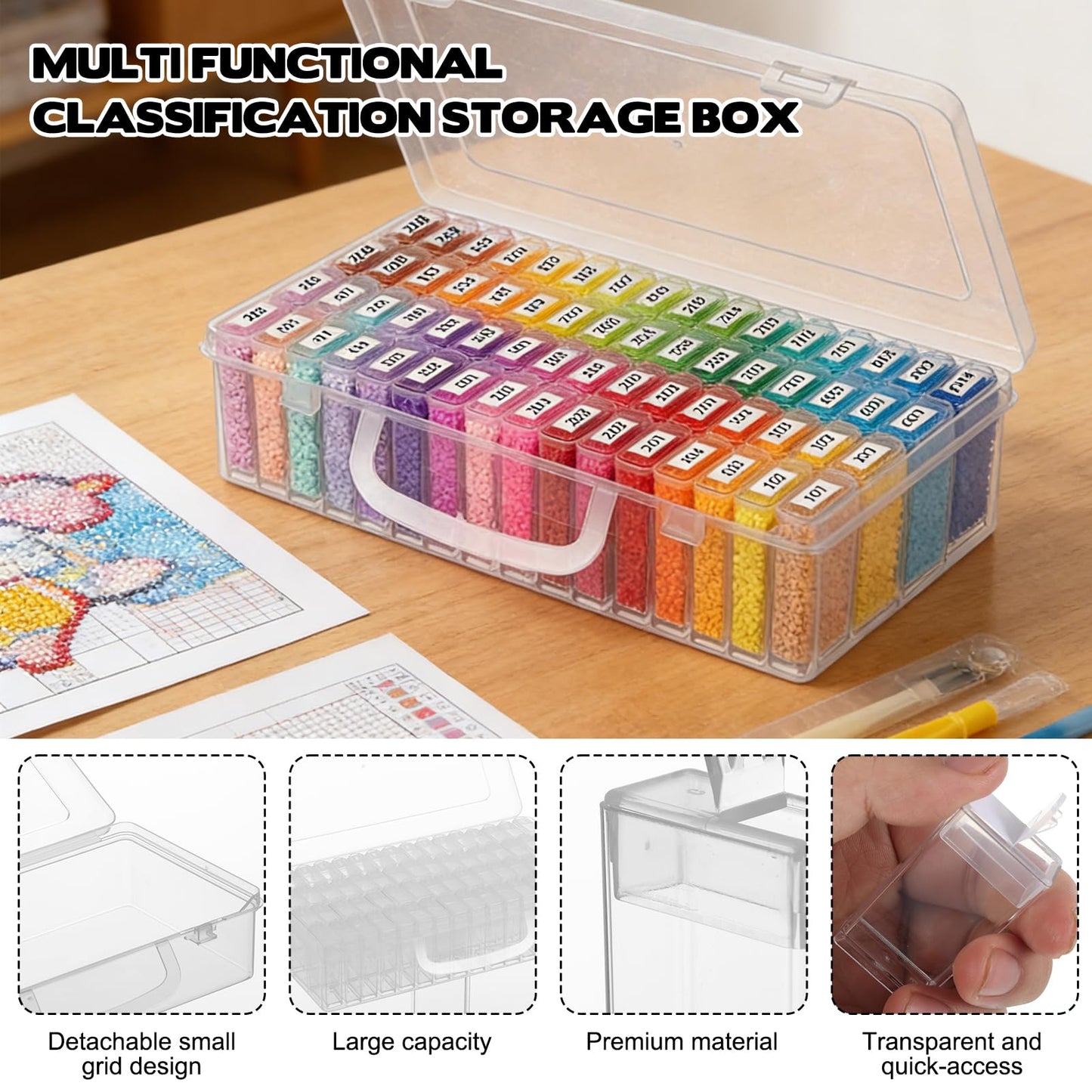 2 Pack Diamond Painting Storage Containers with 128 Rectangle Grids for Diamond Art Organizer with Sticker Labels Portable Clear Bead Organizer Box for Crafts Storage Accessories Art Beads Seeds