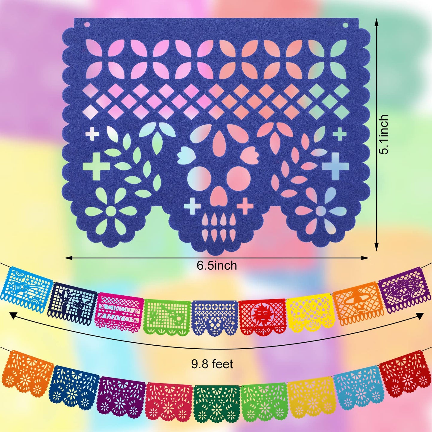 7 Pack Papel Picado Banner Mexican Party Fiesta Flag Cinco De Mayo Theme Party Decorations Day of The Dead Felt Garland Dia De Los Muertos Decor for Mexican Birthday Party Supplies, 68.6 ft Total