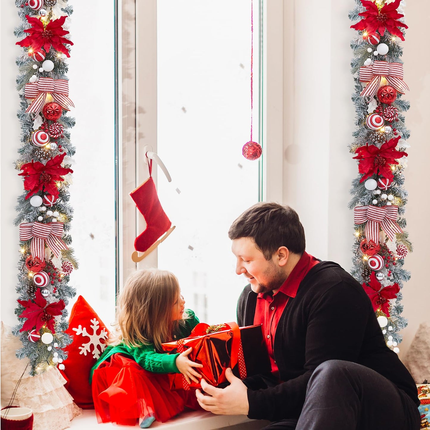 FairyLee 6ft Battery Operated Christmas Garland with 20 LED Lights & Timer, Pre-Lit Artificial Garland for Mantle, Staircase, Table, Indoor Outdoor Xmas Holiday Decor,Red Flower