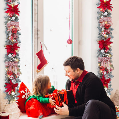 FairyLee 6ft Battery Operated Christmas Garland with 20 LED Lights & Timer, Pre-Lit Artificial Garland for Mantle, Staircase, Table, Indoor Outdoor Xmas Holiday Decor,Red Flower