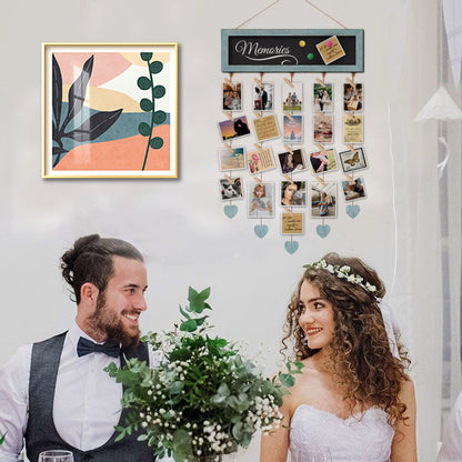 EXQUIDECA Picture Frames Collage Display Board with 30 Clips - Multi Photos Cards Organizer with Adjustable Twines and Magnetic Blackboard - DIY Wall Decor Hanging Picture Holder 15.7x5 Inches