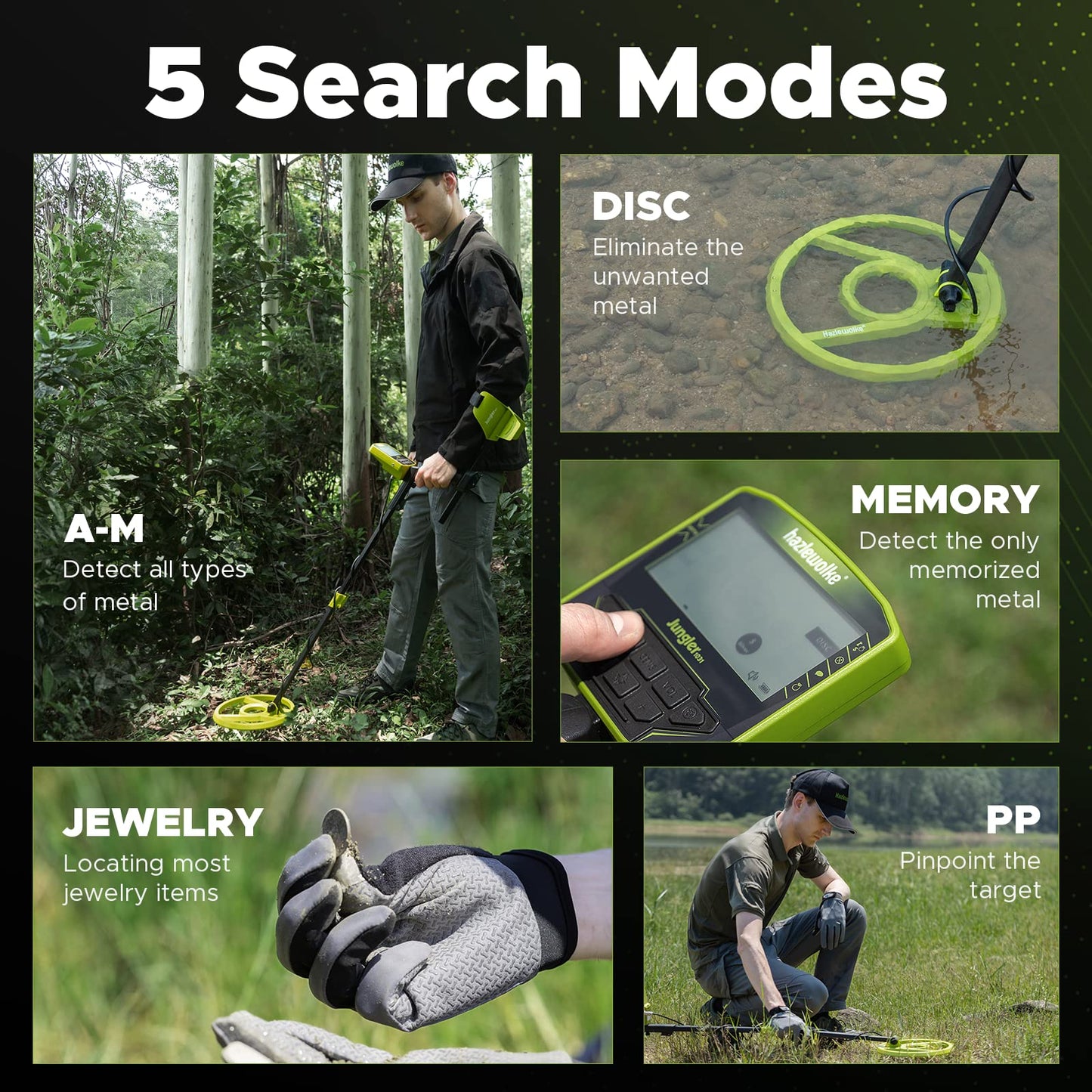 Hazlewolke Metal Detector for Adults, Rechargeable Battery for 20H Typical Use, 5 Professional Mode with Higher Accuracy 10” Waterproof Coil for Gold Detecting