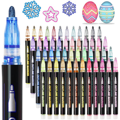 Glitter Markers Outline Pens Metallic: 48 Double Line Outline Markers,Self Outlining Glitter Pens Adult Coloring Gel Sparkle Outliner Shimmer,Teen Gifts Drawing Art Supplies Craft Cool Fun Magic Stuff