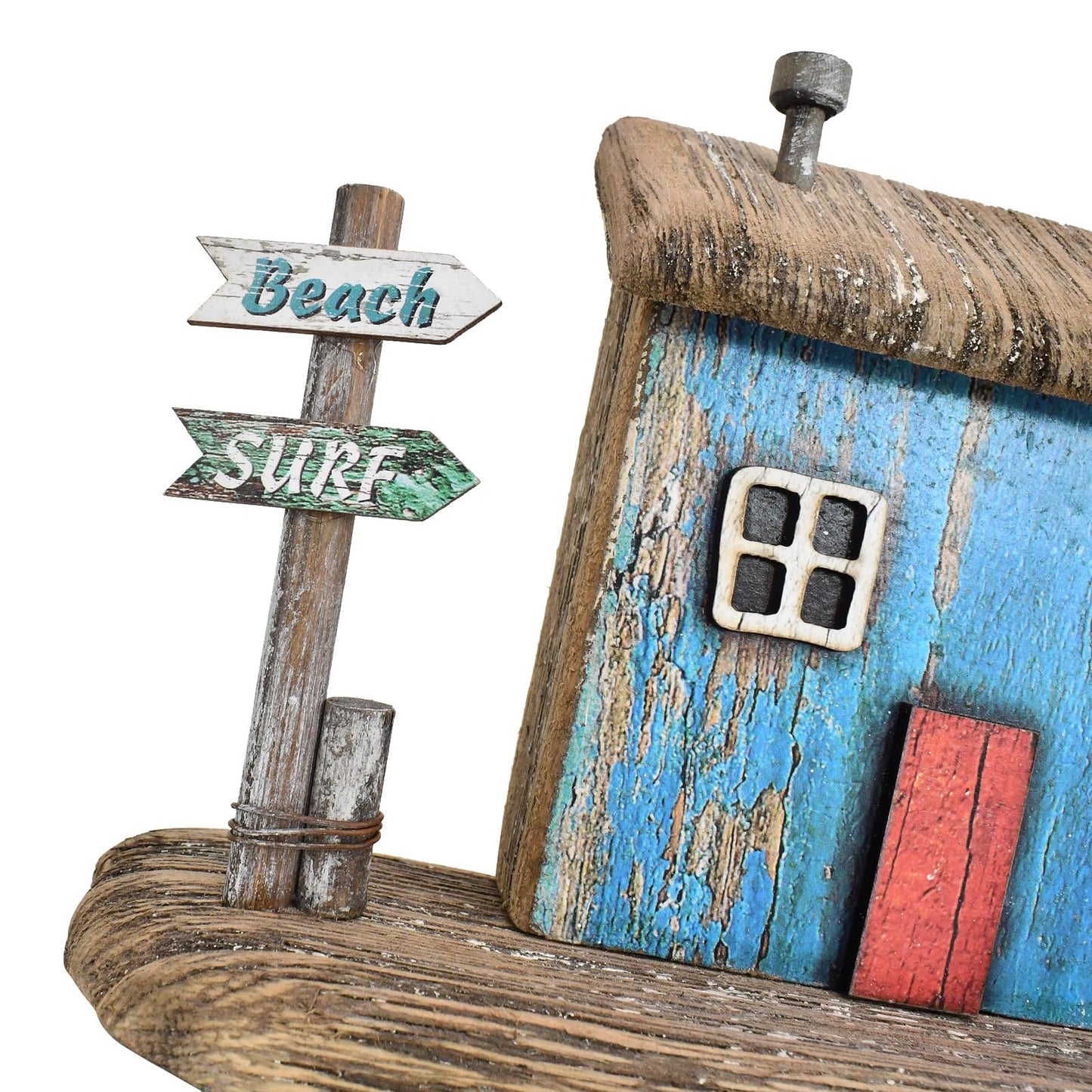 Veclotch Wood Miniature Nautical Table Sculptures Home Decor, Small Wooden House Figurine Garden Ornament Summer Mini House Statue with Beach Surf Sign