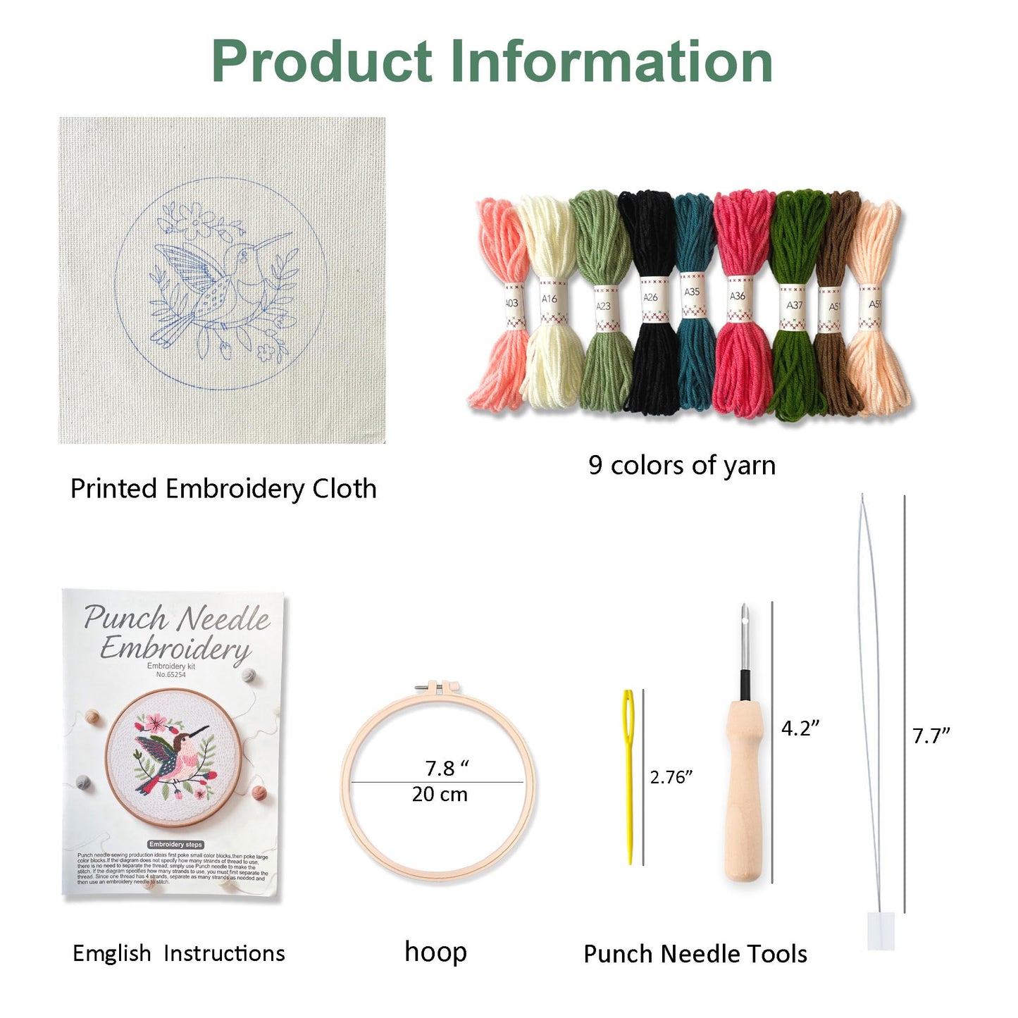 Myfelicity Punch Needle Embroidery Kit, Beginner Craft Set with Animal Pattern Design, 7.9 Inch Hoop (Hummingbird)