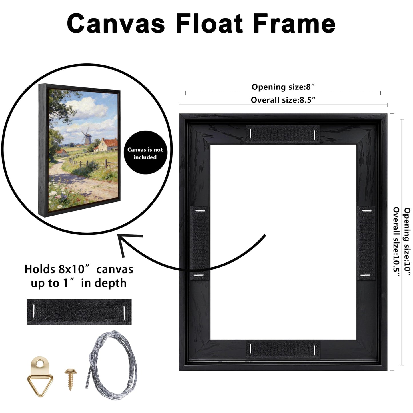 CCPEAR 8x10 Canvas Frame, Black Floating Frames for Finished Canvas Painting, Vertical or Horizontal Wall Hanging Floater Frame with Adhesive Velcro for wall Art, 1 Pack.