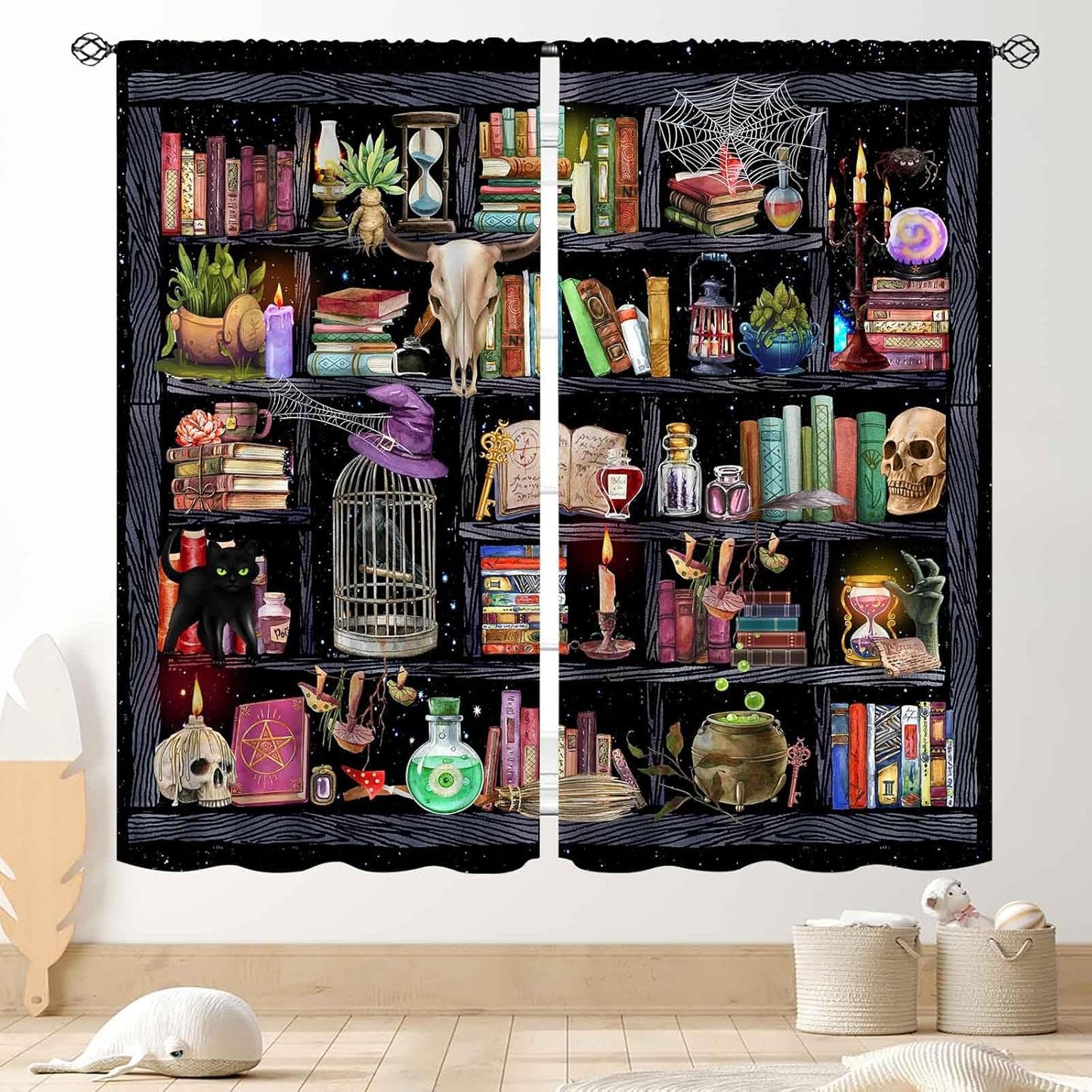 TKUYO 42"x45" Inch Witchy Curtains, Fantasy Magical Vintage Bookshelf Mysterious Bookcase Gothic Skull Spooky Gothe