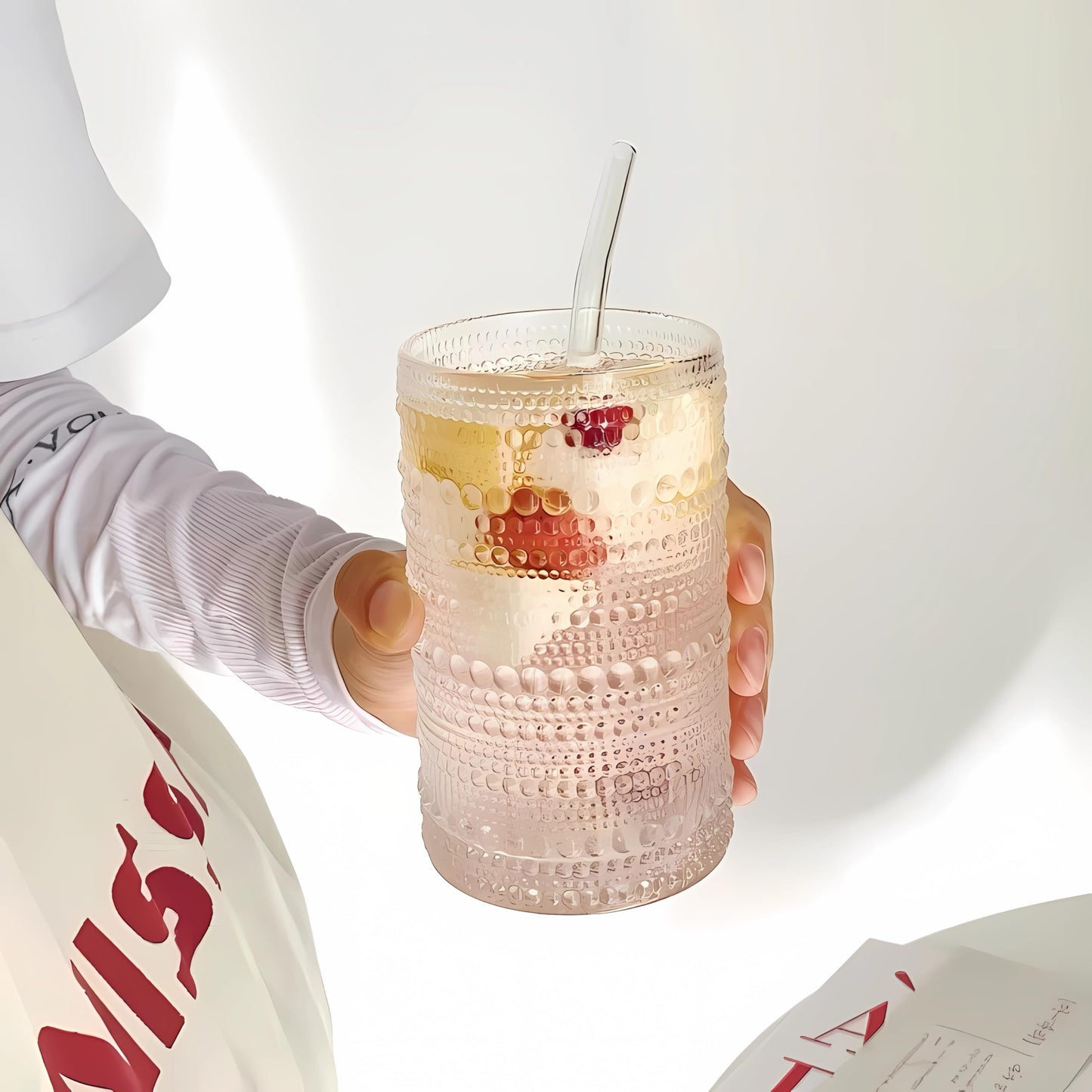 Ework4U 2 Pcs Iced Coffee Glasses Cups with Glass Lids and Straws,12 oz Thick Emboss Beaded Drinking Glass Cup Set,Latte Glasses,Ideal for Water,Soda,Gift with Cleaning Brushes