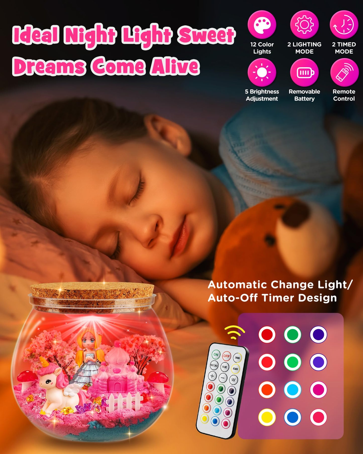 D-FantiX Princess Light Up Terrarium Kit for Kids, Unicorn Toys for Girls Age 4-6-8-10, Led Night Light Birthday Gifts for Girls 4 5 6 7 8-12 Year Old, DIY Arts and Crafts, Easter Basket Stuffers