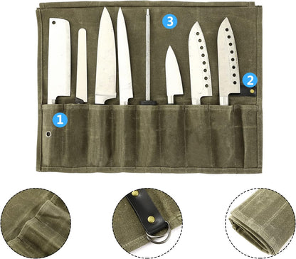9 Pockets Canvas Chef Knife Roll Bag, Knife Wrap Wallet, Cutlery Knife Pouch Holders for Kitchen Utensils (Army Green)