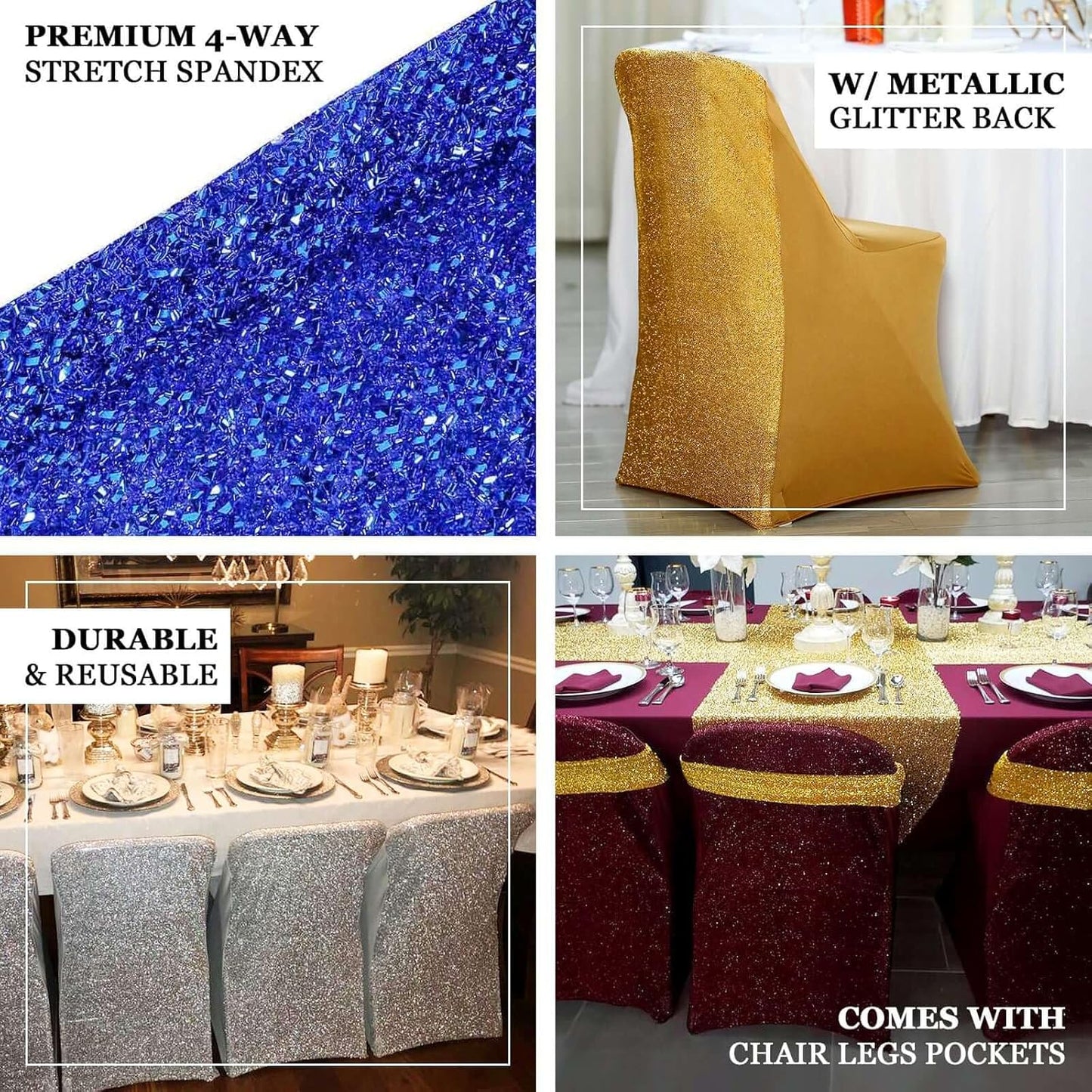 1 Set Efavormart Gold Spandex Stretch Folding Chair Covers for Party Dining Chairs W/Metallic Glittering Back W/Foot