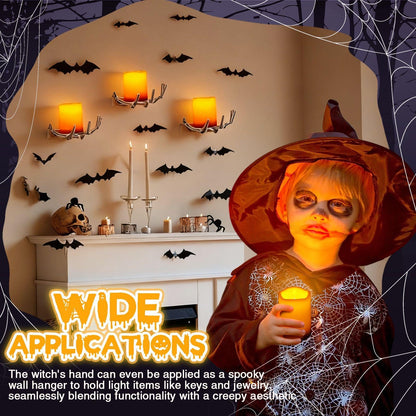 Tuanse 6 Pcs Halloween Skeleton Wall Decorations 3 Witch's Hand Wall Mounted Creepy Hands 3 Lighted Candles 3D Black Spooky Bats Double-Sided Tape for Gothic Halloween Indoor Home Decoration