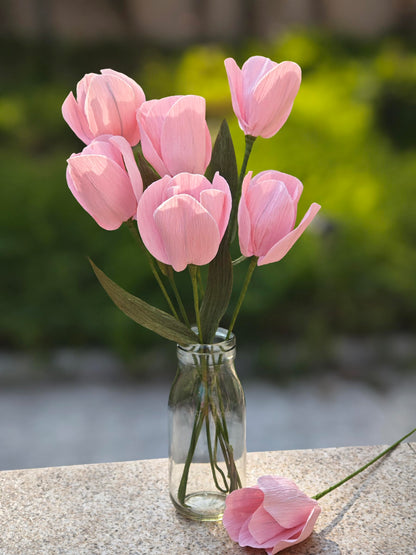 Mybbshower Pink Crepe Paper Tulip for Home Decor DIY Kit with Floral Tape & 12 Wire Stems DIY Craft Projects Crepe Paper Flower