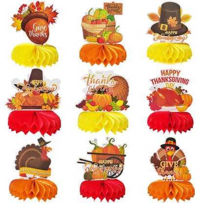 TiAaihion 9pcs Fall Table Decorations, Thanksgiving Honeycomb Centerpieces, Autumn Party Supplies, Pumpkin Sunflower Maple Leaf Decorations for Home Office Fall Party Decor