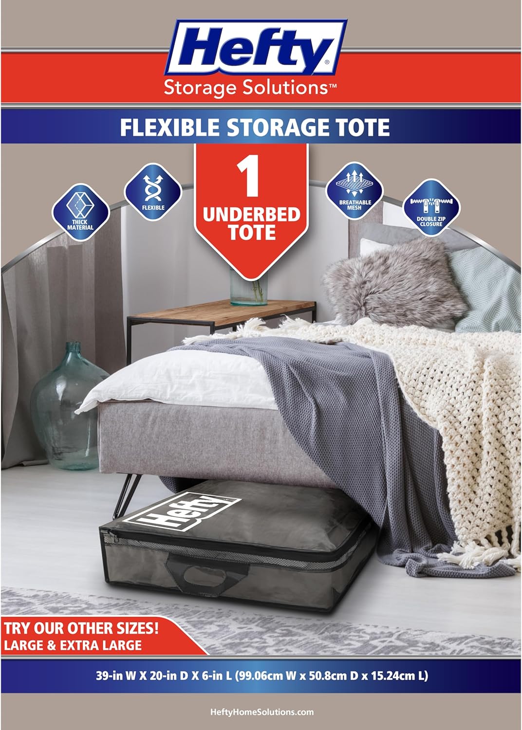 Hefty Underbed Flexible Tote with Breathable Mesh, Double Zip Closure, 39x20x6 inches, 2 Handles for Seasonal Apparel