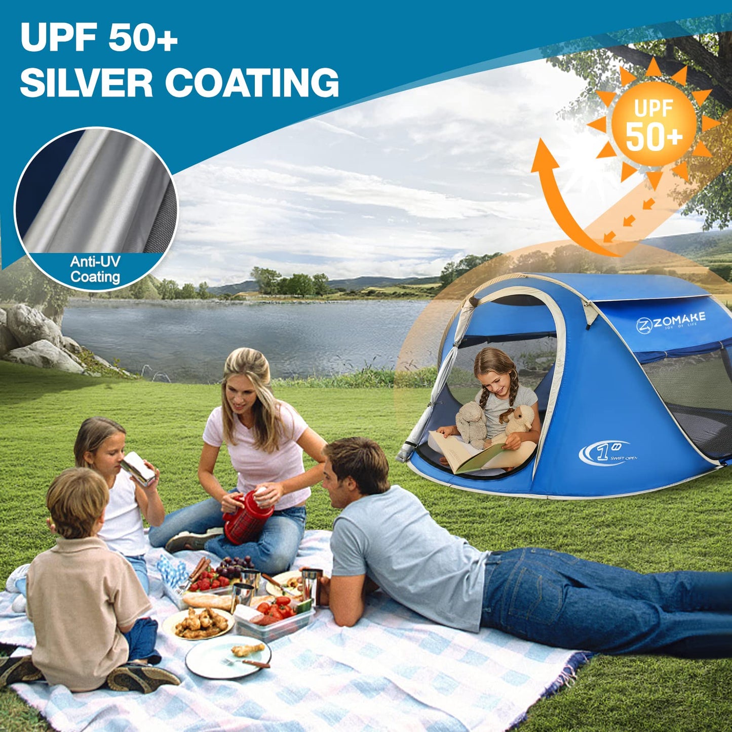 Easy Pop Up Tent 4 Person Waterproof - Pop-Up Camping Tents Automatic Tent Throw Pop Up Instant Flip Pop Tent for Camping,by ZOAMKE(Blue)