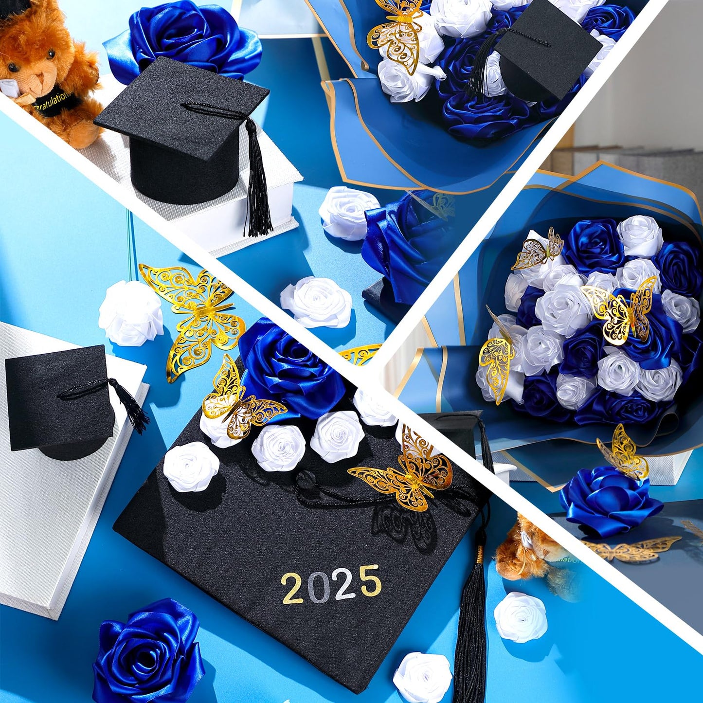 Gilprop 75 Pcs Graduation Gifts Flower Bouquet Wrapping Paper Kit 2026 DIY Fake Roses Flowers Bouquet Ribbon Artificial Rose for Craft Floral Paper with 3D Graduation Cap Butterfly Decor(Blue)