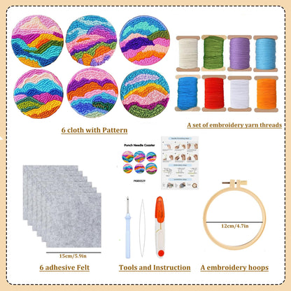 Starter Needle Coasters Kit, Punch Needle Embroidery DIY Set for Beginners Adults, Easy Coasters Kit with Adhesive Felt, Yarns, Embroidery Hoop (Colorful Mountain)
