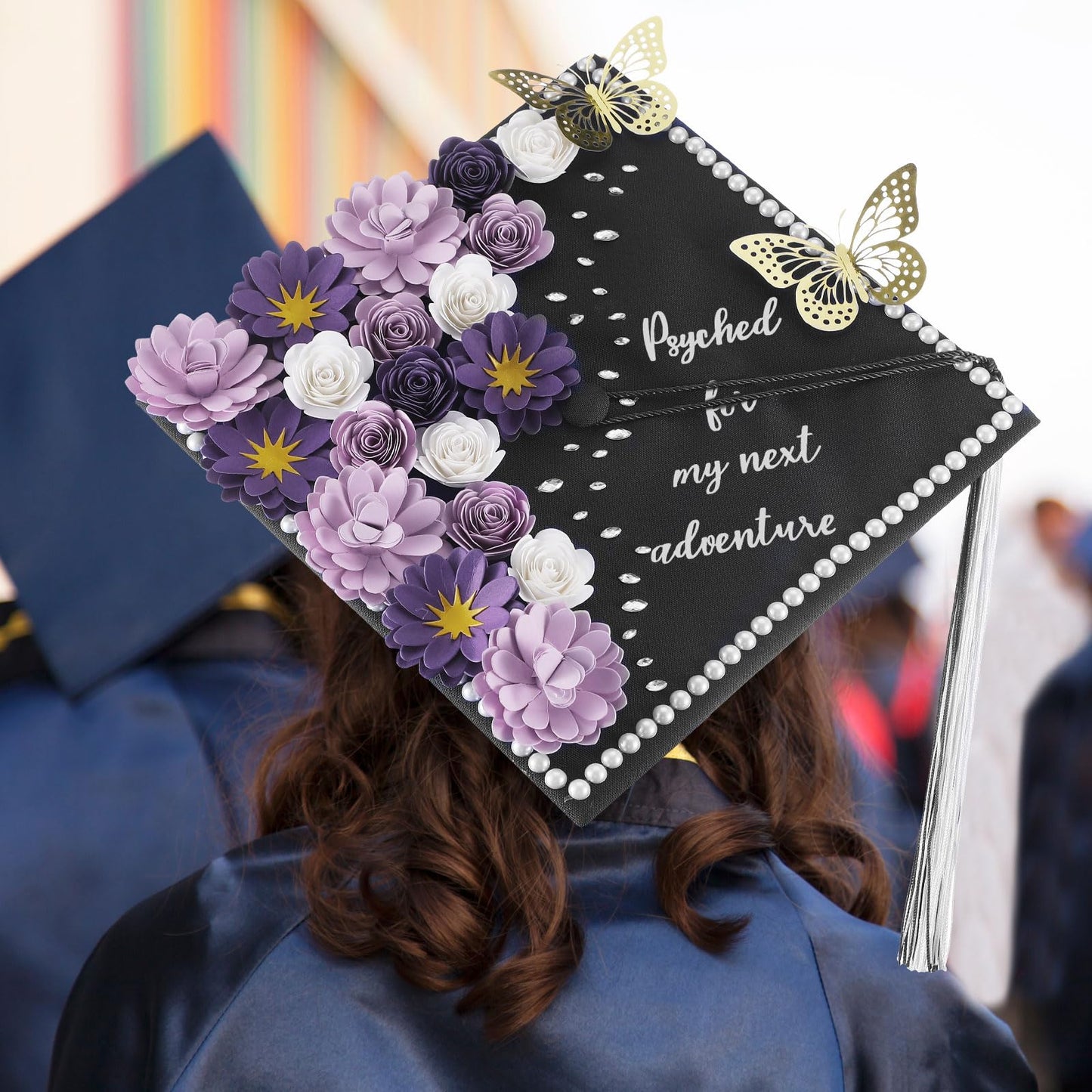 MotiMind 39 Pcs Graduation Cap Decorations Kit Including 25 Rose Heads Paper Flowers 12 3D Gold Butterfly Stickers 1 Self Adhesive Pearl 1 Rhinestones Stickers for DIY Graduation Cap(Purple)