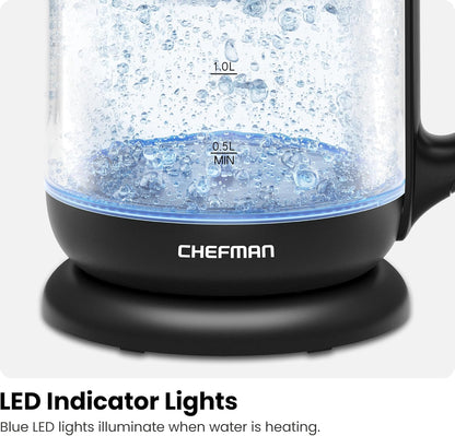 Chefman 1.7 Liter Electric Glass Tea Kettle, Fast Hot Water Boiler with One Touch Operation