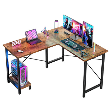 DUMOS L Shaped Desk Corner Computer Table 47 Inch, L-Shaped Gaming Desks with Storage Shelf Reversible, Wood Tables with Side Bag Adjustable Feet for 2 Monitors Small Space Home Office Bedroom, Brown