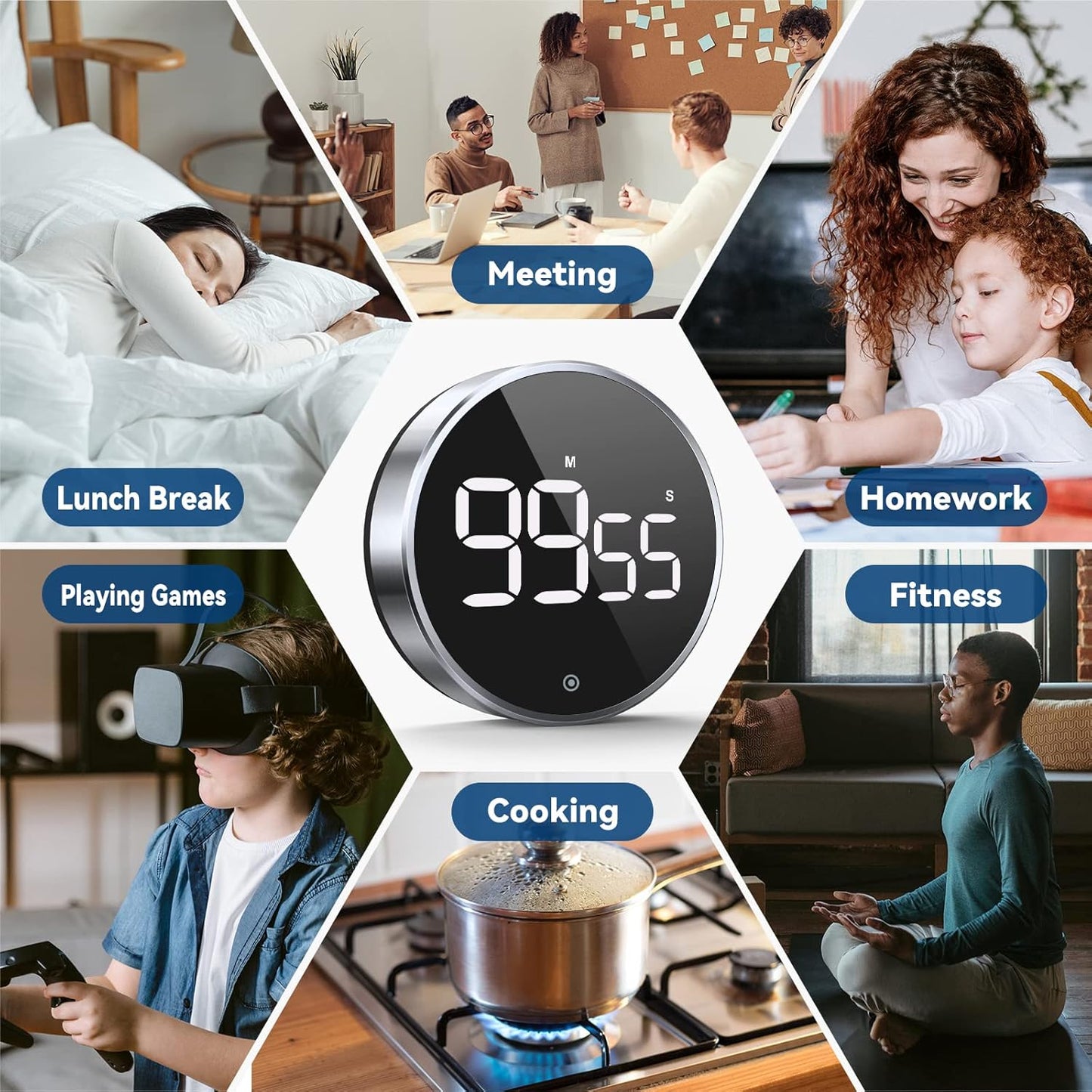 Digital Kitchen Timer, 3.8'' Large LED Display, Adjustable Volume, Easy for Cooking/Study/Exercise