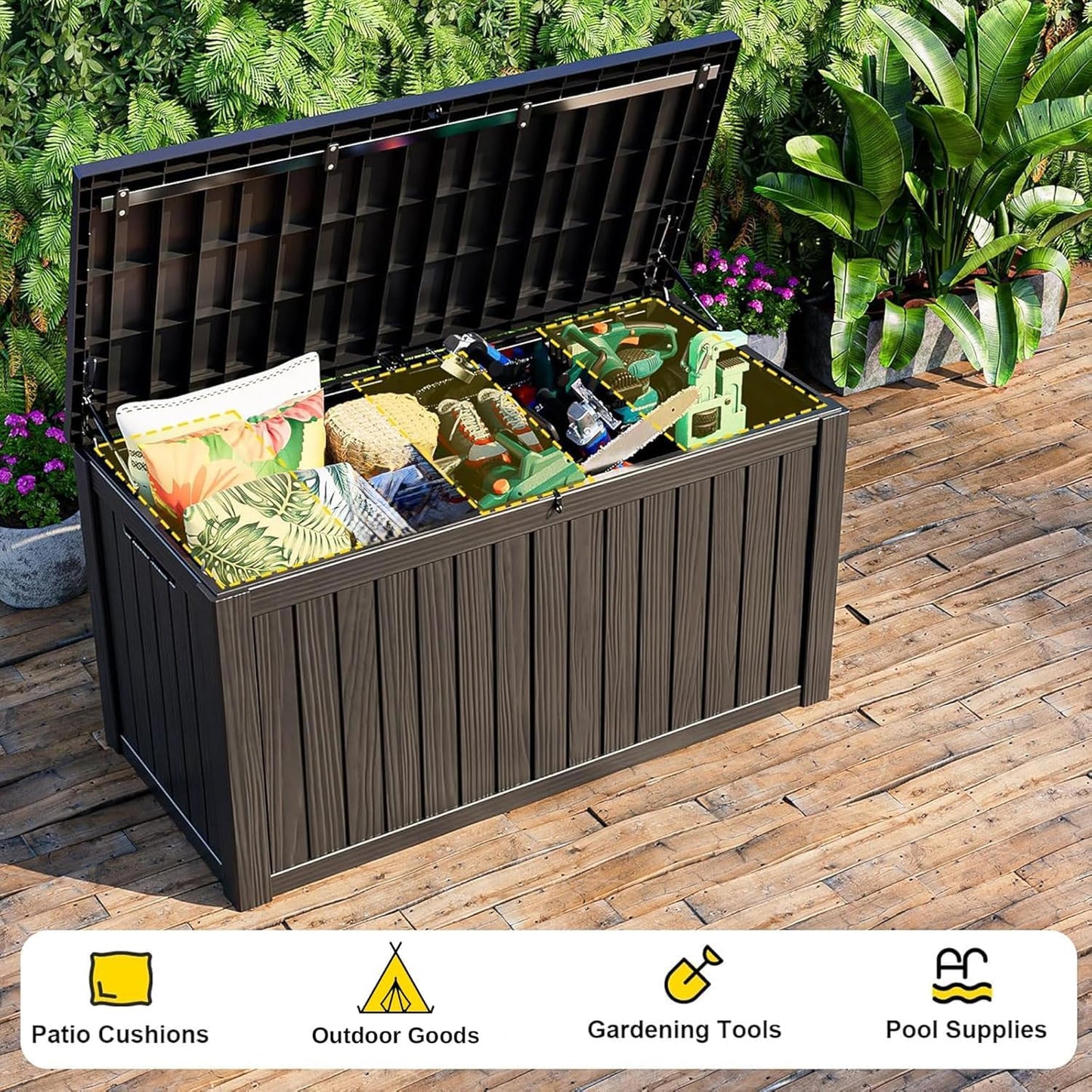 KFY 280 Gallon Waterproof Outdoor Storage Box, UV Resistant Resin Deck Box with Hydraulic Rod for Reinforced Stability, Perfect for Patio, Garden, and Pool（Black，280 Gallon）