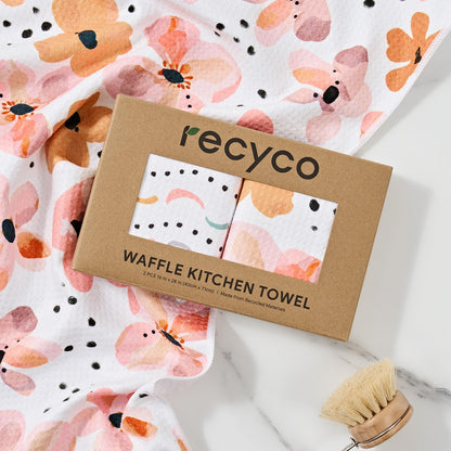 RECYCO Waffle Kitchen Towel Set of 2 - Quick Dry Microfiber Sustainable Dish Towels - Ultra Absorbent Reusable Cleaning Tea Towels - Lightweight Hand Towels,16”x 28”, Blossom Breeze