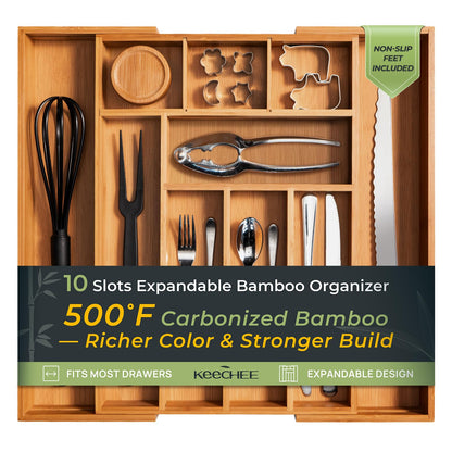 Carbonized Bamboo Kitchen Drawer Organizer, 8 Slots Silverware Organizer, Utensil Holder & Cutlery Tray, 2.2" Deep for Extra Capacity, Non-Slip Feet Included