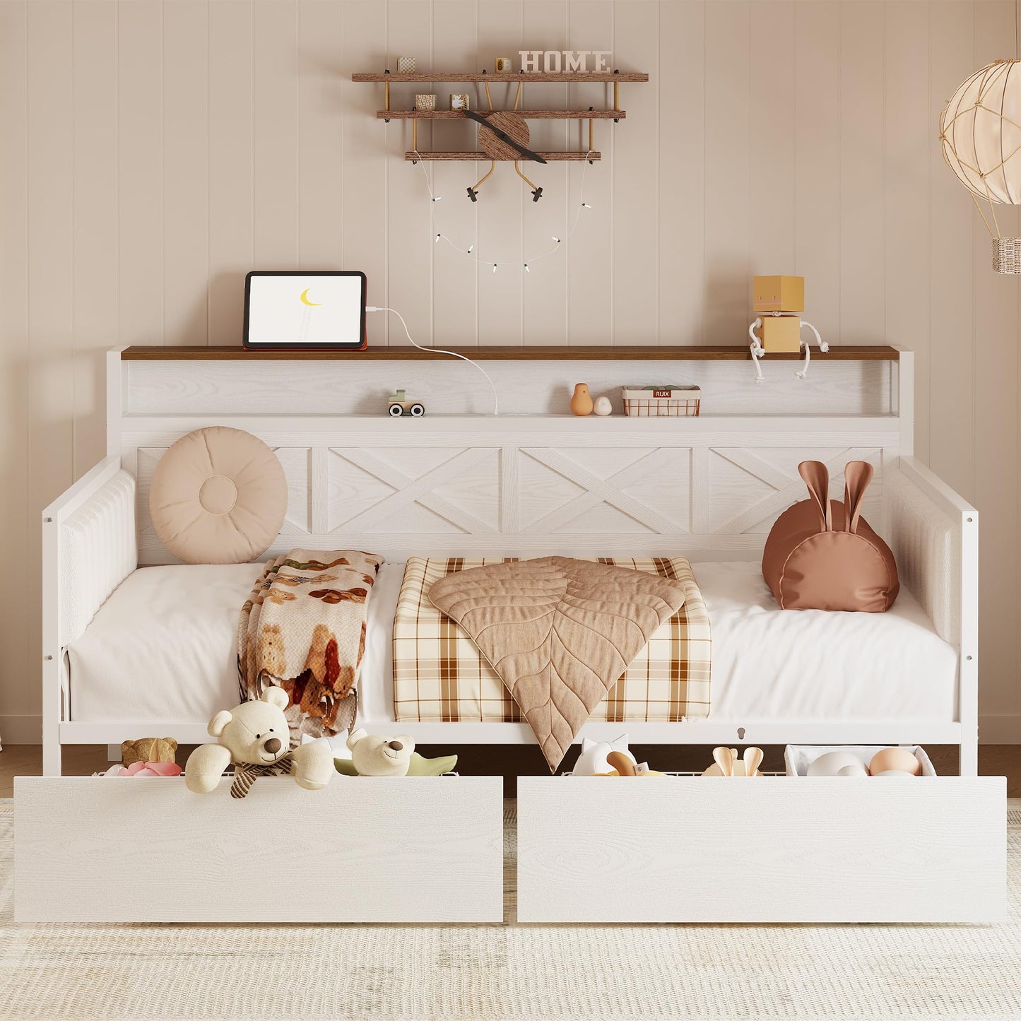 IRONCK Twin Size Daybed with Storage Drawers, Sturdy Metal Bed Frame with X-Shaped Headboard and Charging Station, Upholstered Farmhouse Daybed for Living Room, Bedroom, and Guest Room, White/Walnut