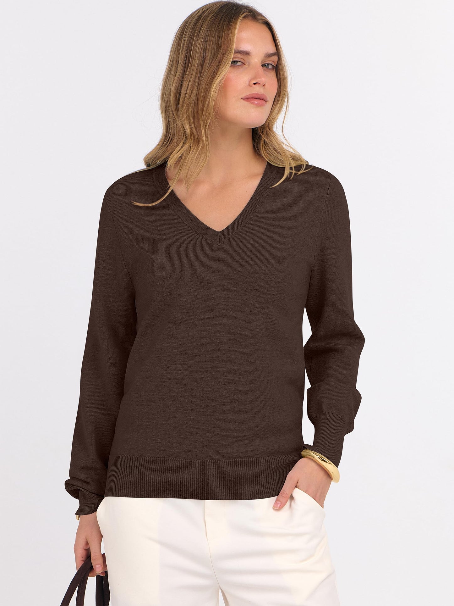 ANRABESS Womens Long Sleeve V Neck Sweaters 2025 Fall Casual Classic Soft Loose Fit Basic Pullover Jumper Top