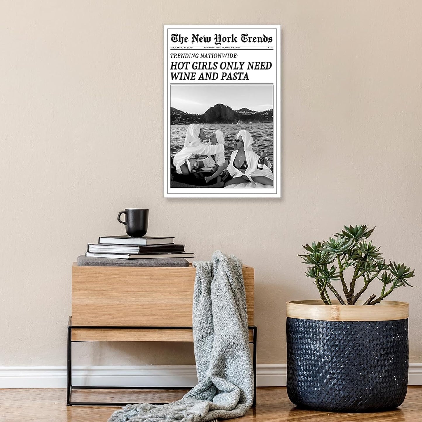 FBKDVC 24x36in Vintage Trendy Black And White Newspaper Print Poster Retro Times Canvas Wall Art Funky Hot Girls Eating
