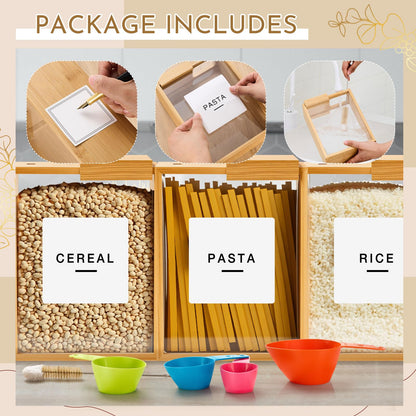 Threehoney 2 Pcs Bamboo Cereal Dispenser 75 Oz/ 2.2 l Kitchen Food Storage Containers with Measuring Cups for Airtight Pantry Organization and Storage Container Cereal Rice Flour Snack Nuts Grains