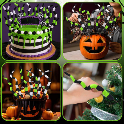 Yalikop 16 Pcs 14 inch Halloween Decoration Halloween Plant Stakes Spooky Nightmare Worms Black and White Striped Plant Tentacle Picks for Front Porch Lawn Garden Decor