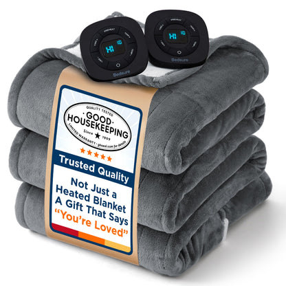 Bedsure Electric Blanket King Size - Dual Control Heated Blanket King Size, Fast Heating with 10 Time Settings & 10 Heat Settings, Warm Gift for Grandma (100x90 inches, Grey)