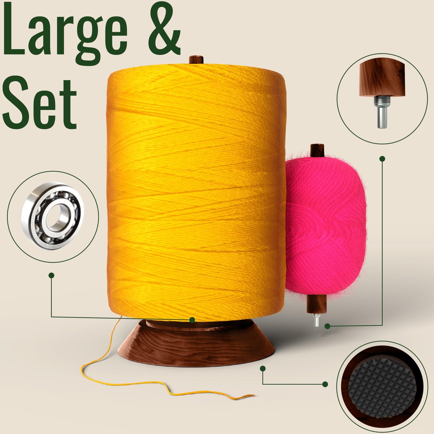 BARVA Yarn Holder Set 22 Lb Capacity for Chunky Yarn w/Extra Spindle | Smooth Bearing Spinner & Big Rubber Anti Slip Pads for Stability | European Wood Crochet Accessories & Fiber Crafts Pro Tools