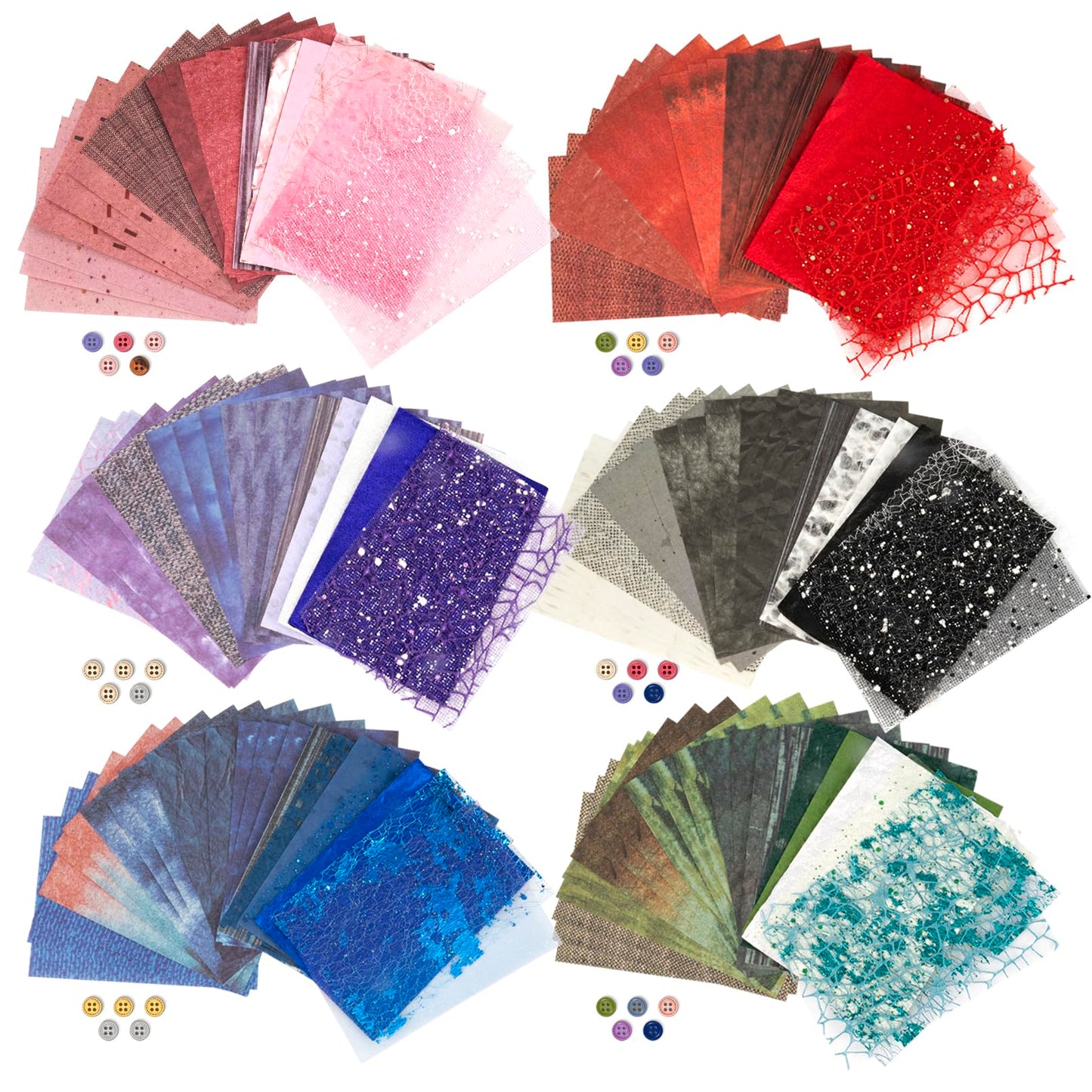 132 Sheets Textured Scrapbook Paper and Mesh Fabric Assorted Set, 6 Pack Mixed Special Paper for Scrapbooking Planner Bullet Junk Journal Supplies 5.5x4 Inch