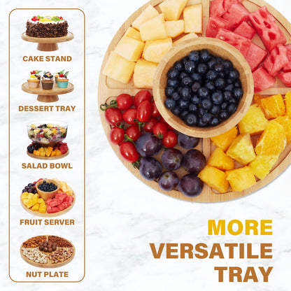 Timboops Home Bamboo Cake Stand with Lid, 6-in-1 Multifunctional Cake Plate, Cake Holder, Serving Tray, Fruit Platter, Salad Bowl, Dessert Table Display & Acrylic Cake Dome Cover