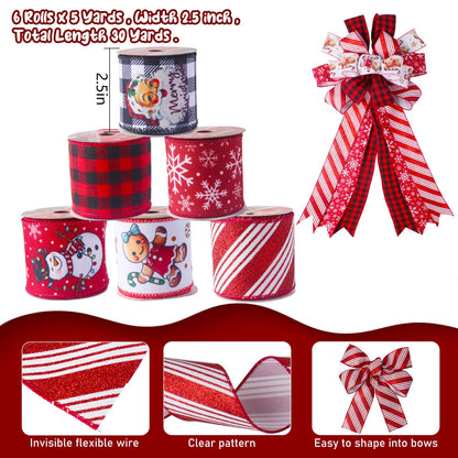 Rinoly Christmas Ribbon Wired 2.5 Inch, 6 Roll 30 Yards - Snowflake/Santa/Glitter Stripe/Buffalo Plaid Christmas Ribbon for Wreaths, Bows, Tree, DIY Crafts