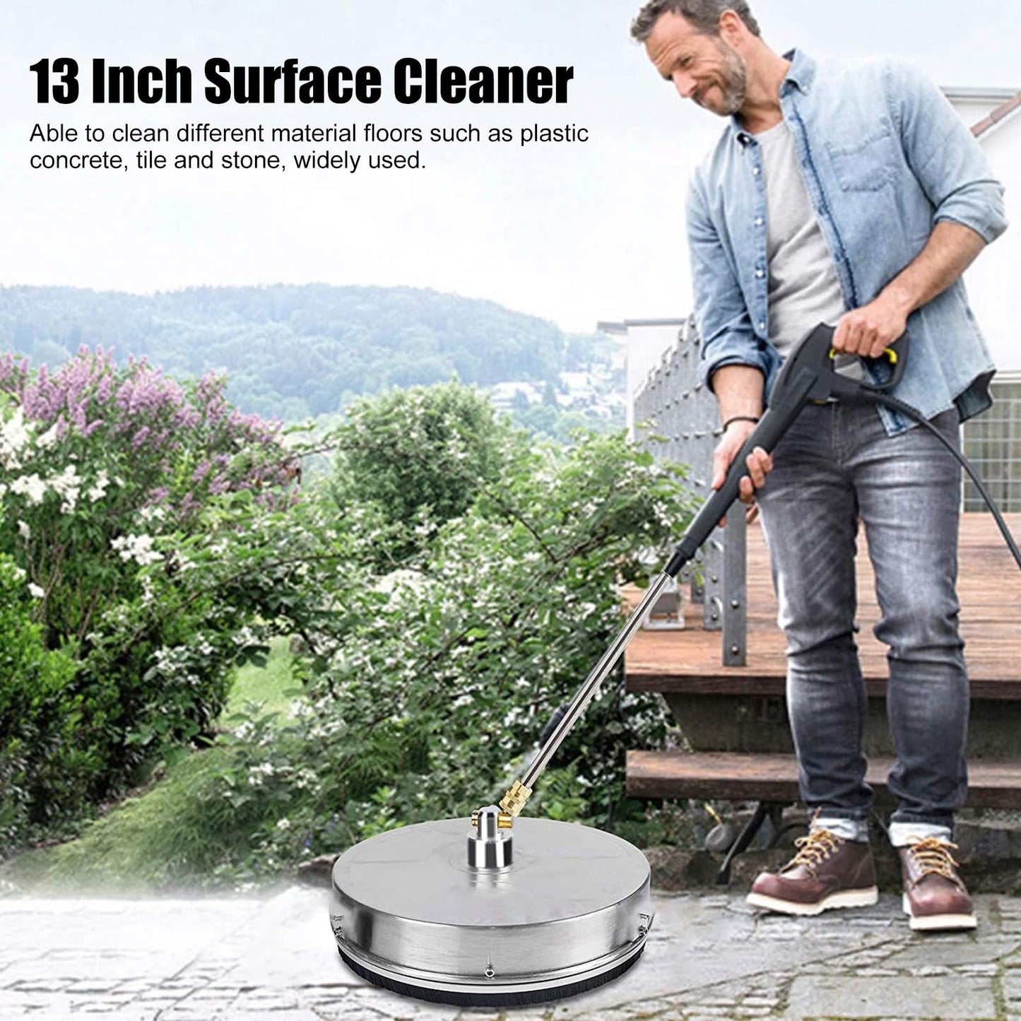 TRELVEX 13 Inch Stainless Steel Pressure Washer Surface Cleaner 4000 PSI with ExBar for Driveways and Sidewalks Pressure Washer Attachment, Defult