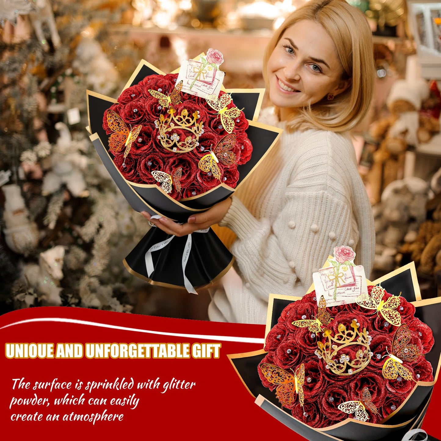 28 Red Glitter Roses Bouquet, 2026 Graduation Flowers Bouquet for Her DIY Fake Artificial Flower Bouquet Kit with Diomand Pins,Red Roses for Anniversary,Weddings,Mothers Day
