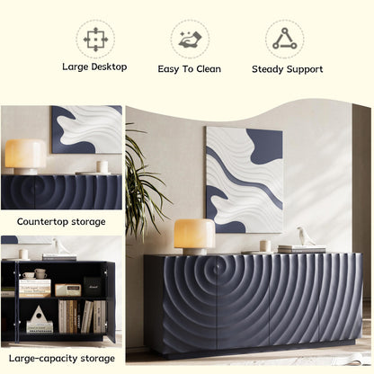 GDFStudio 59" Modern Buffet Sideboard Cabinet, Artistic 3D Texture Storage Cabinet with 4 Doors, Freestanding Credenza Buffet for Living Room Dining Room Kitchen Large Countertop Coffee Bar, Navy Blue